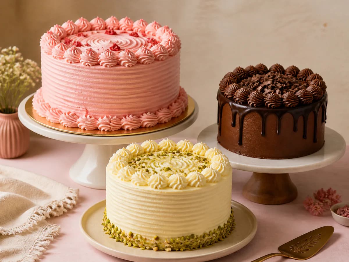 Pink, chocolate, and pistachio celebration cakes