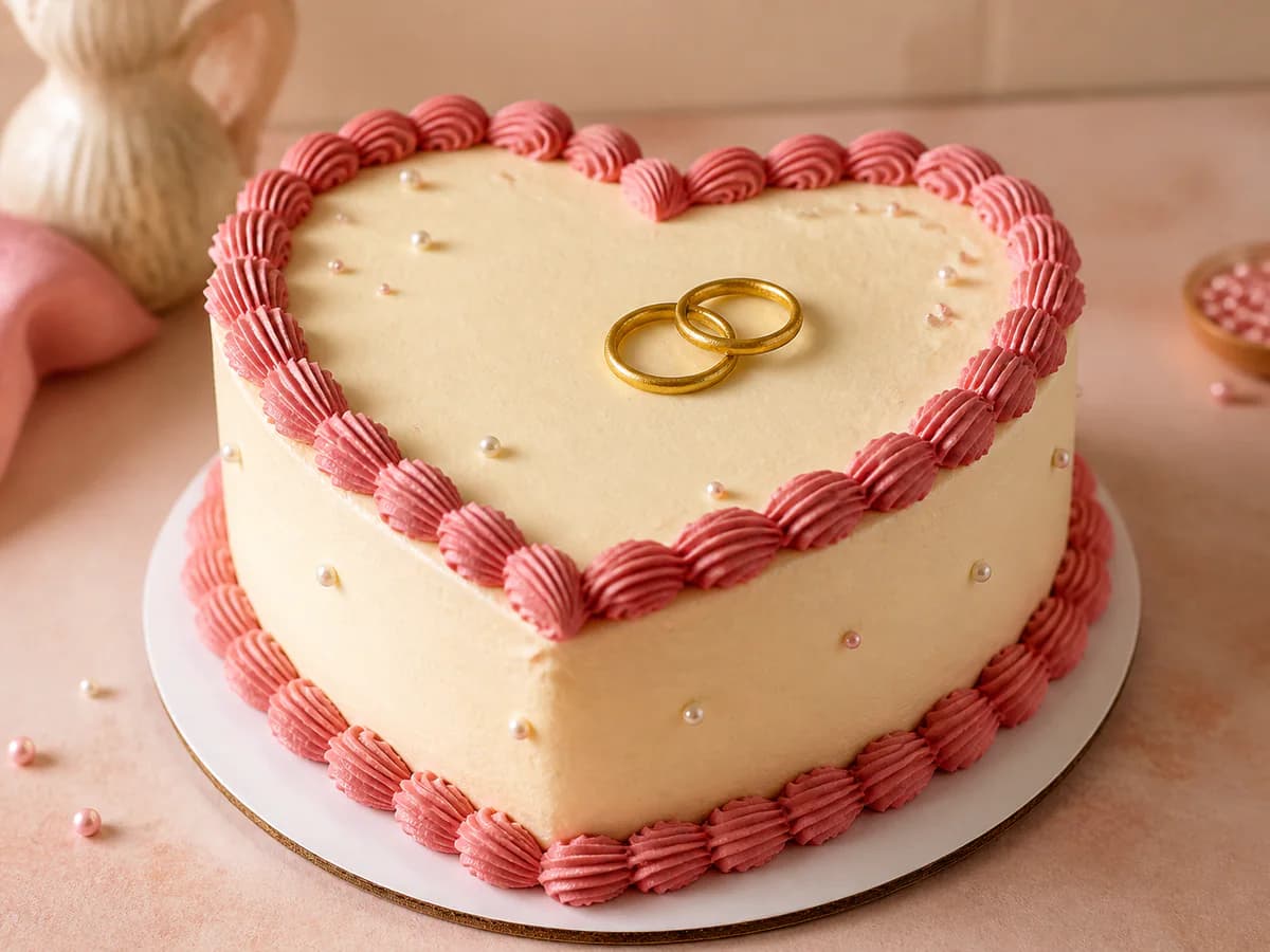 Heart-shaped anniversary cake with pink piping and gold rings