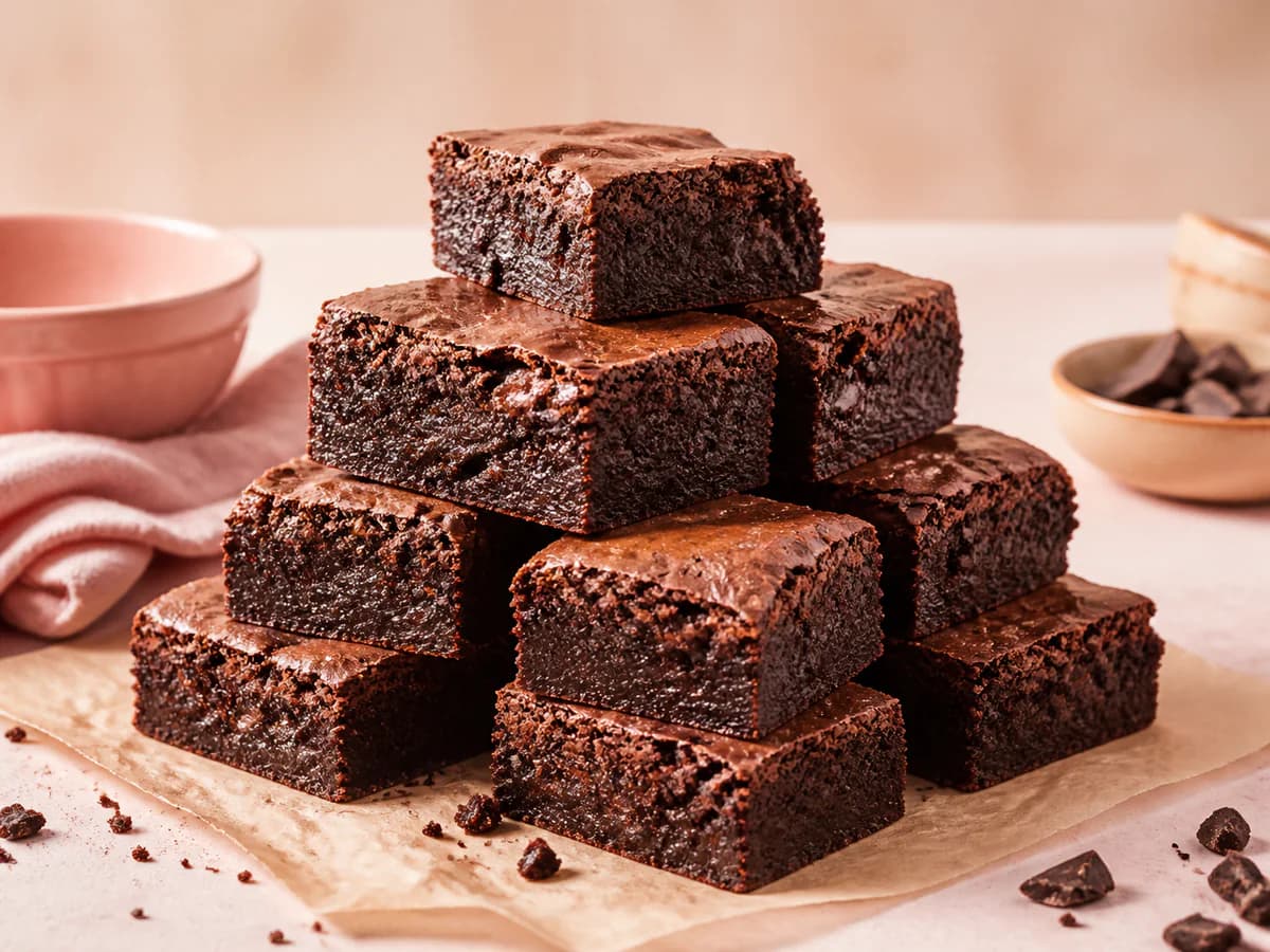 Stack of homemade chocolate brownies with fudgy centres