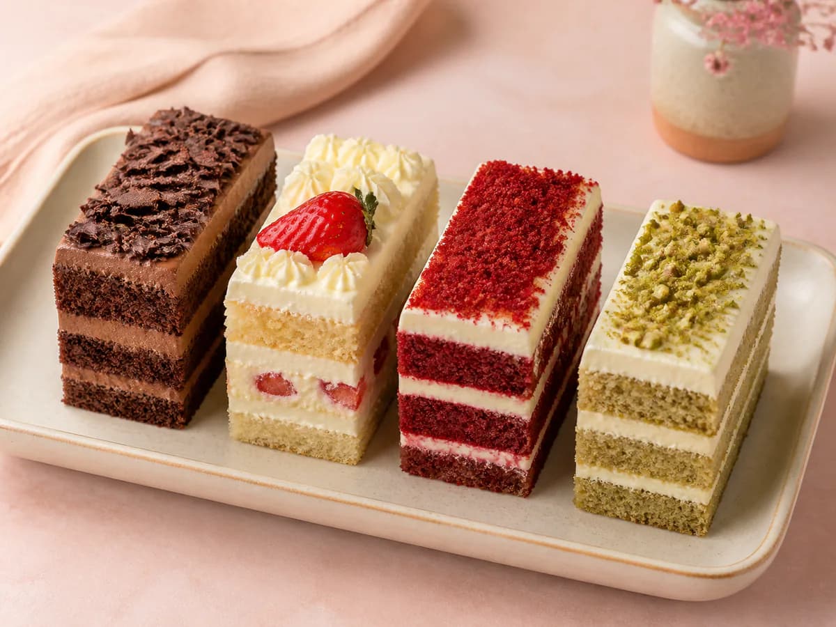 Chocolate, strawberry, red velvet, and pistachio cake pieces