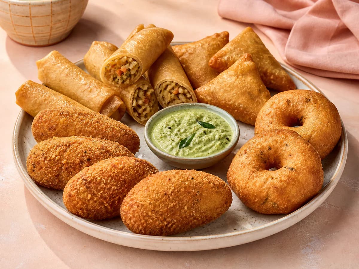 Sri Lankan rolls, patties, cutlets, and medhu vada with chutney