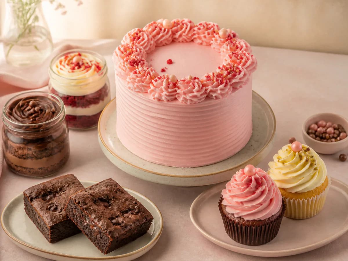 Candy Land cake, jar cakes, brownies, and cupcakes arranged together