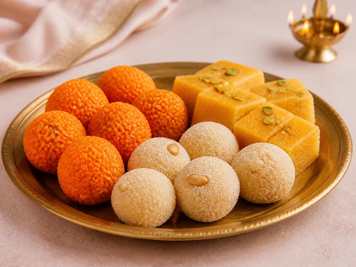 Boondi laddu, rava laddu, and kesari on a brass serving plate