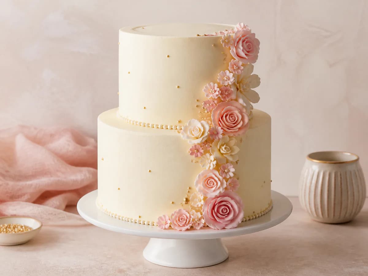 Two-tier ivory wedding cake with blush pink sugar flowers